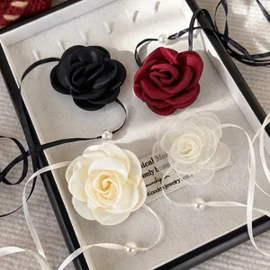 Retro Rose Flower Lace-up Choker Necklace Fabric Long Ribbon With Artificial Pearl Accent French Style For Women