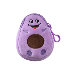 Detail of purple avocado plush coin purse with smiley face embroidery and plastic hook