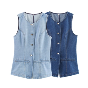 Vintage sleeveless denim vest with button front and crew neck in light and dark blue