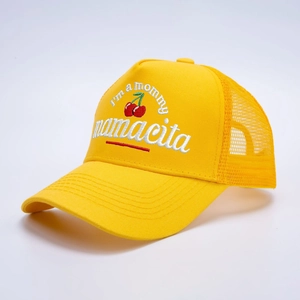 Yellow trucker hat with embroidered mamacita cherry design and breathable mesh back