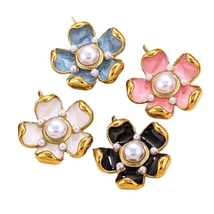 Floral enamel pendants with central pearls and gold borders in four assorted colors