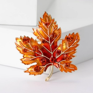 Luxury maple leaf brooch with orange gradient enamel and rhinestones on gold base