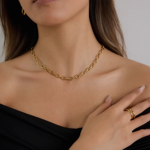 Classic 18K gold plated stainless steel handmade chain necklace and double ring set