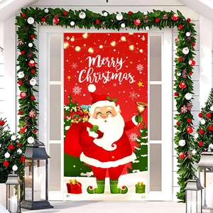 Red Merry Christmas porch banner with Santa Claus design hanging on a festive front door