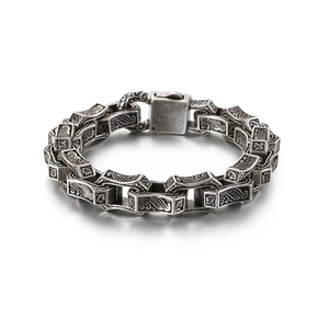 Retro punk men's stainless steel bracelet with antique silver finish and engraved links