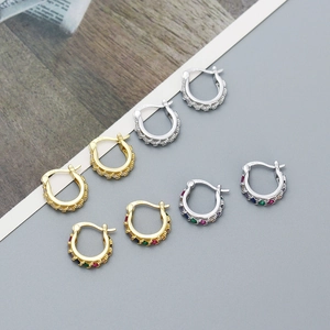 Detailed view of S925 sterling silver hoop earrings with sparkling colorful zircon stones