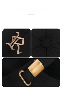 Detail der Baseballkappe mit goldener R-Stickerei, Ziernähten und Messing-Metallschnalle
