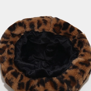 Women's trendy cow print plush beret hat with warm faux fur and black inner lining