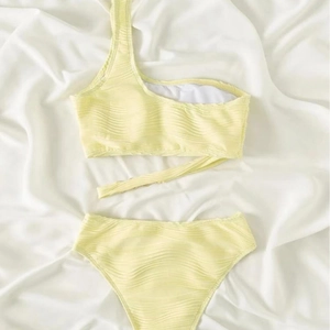 One shoulder textured bikini set in light lime green with high waist bottom and wrap tie