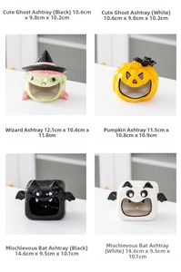 Macro display of Halloween ceramic ghost, pumpkin, and bat ashtray sizes and dimensions