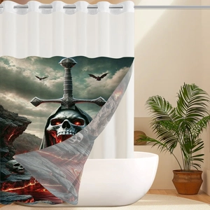 Detail of waterproof Halloween shower curtain featuring skull and sword in a bathroom