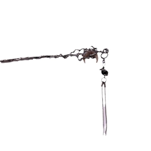 Gothic crescent moon hair stick with liquid metal branches and black tassel in antique silver