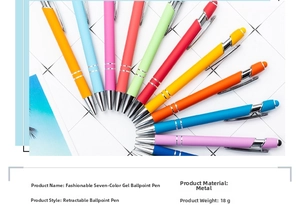 Close-up of ten colorful retractable metal ballpoint pens with capacitive stylus tips