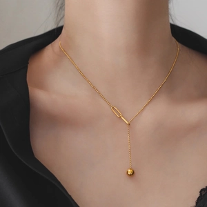 Golden titanium steel Y-shape tassel necklace with adjustable ball pendant for women