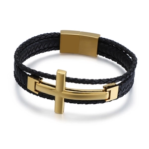 Men's Braided Leather Bracelet Stainless Steel Cross Multi-Layer Magnetic Clasp Religious Punk Jewelry