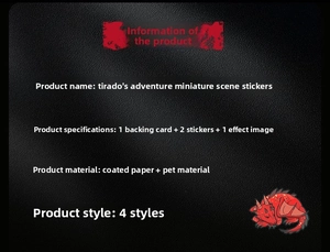 Detail specifications of Tirado adventure miniature scene stickers with PET material info