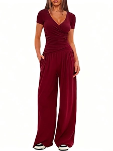 Women Elegant Solid Color V Neck Wrap Top And Wide Leg Pants Outfits Casual Office Lounge Pleated Polyester Spandex