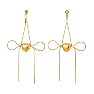 Stainless Steel Heart Bowknot Long Tassel Drop Earrings For Women Elegant Gold Plated Snake Chain Jewelry