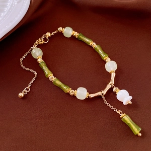Neo Chinese Style Bracelet With Copper Chain Green Resin Bamboo Joints And White Lily Of The Valley Flower Pendant For Women