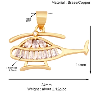 Golden helicopter pendant made of brass with zircon inlay and detailed size measurements