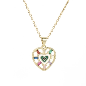 Gold heart pendant necklace with colorful rectangular zircons on a white background