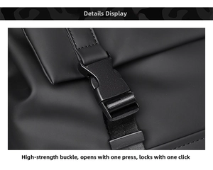 Detail view of high-strength plastic buckle and durable nylon strap on black backpack