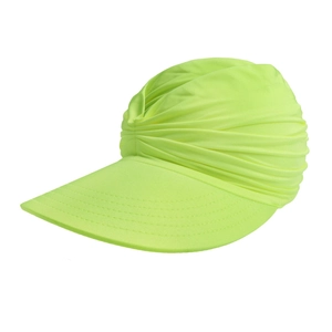 Detail of neon yellow sun visor with unique ruched fabric crown and wide protective brim
