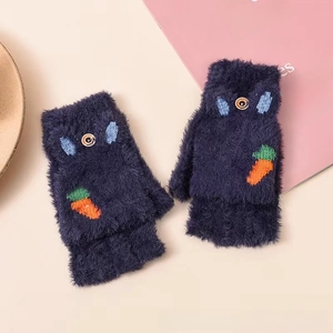 Detail of navy blue fleece gloves with carrot embroidery and convertible flap button