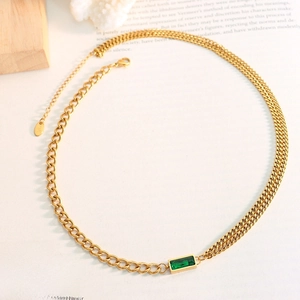 Chic double layer gold chain necklace with a green rectangular zircon gemstone