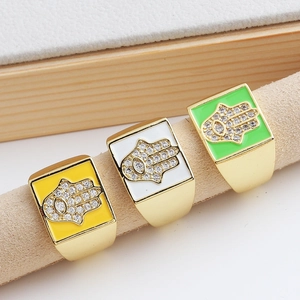 Golden Hamsa Hand square rings with colorful enamel and cubic zirconia inlays