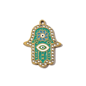 Detail of gold Fatima hand pendant with blue evil eye enamel and white rhinestones