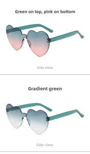 Detail of heart-shaped rimless sunglasses featuring green and pink gradient lenses