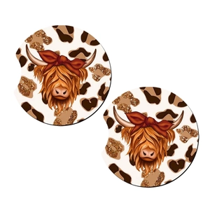 Highland cow leopard print car coasters with red bandana and gold glitter set of two