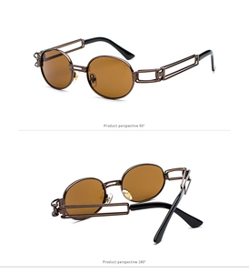 Macro detail of bronze steampunk sunglasses with hollow rectangular temple design
