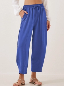 Pantalon Harem Taille Haute Décontracté Femme Large Cordon Serrage Mélange Polyester Spandex Doux Avec Poches Style Vacances