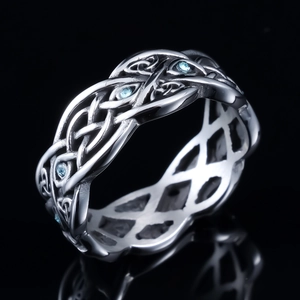 Vintage Celtic knot wolf ring in stainless steel with light blue gemstones