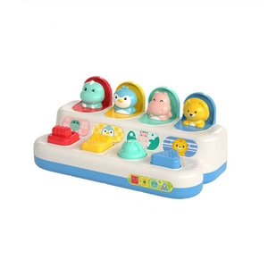 Interactive pop-up baby toy with four colorful animals and geometric buttons to press