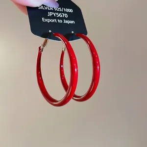 Chic 925 silver needle hoop earrings with vibrant red oil drop finish for women