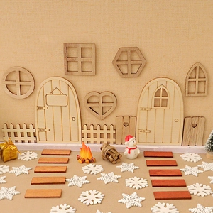 Miniature wooden Christmas door and window model set with sled for DIY holiday decor