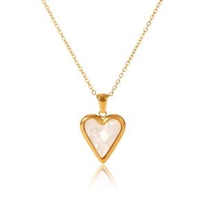 Golden stainless steel heart necklace with white shell inlay on a clean white surface