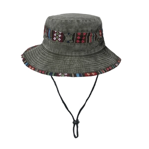 Olive green washed canvas boonie hat with ethnic woven band and adjustable chin strap