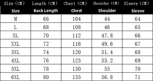 Detailed size chart for men's bomber jacket showing measurements from M to 6XL in CM