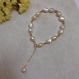 Baroque freshwater pearl bracelet with 14K gold-filled beads and adjustable chain extension