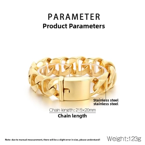 Detail of 20mm wide gold stainless steel Cuban link bracelet with square clasp