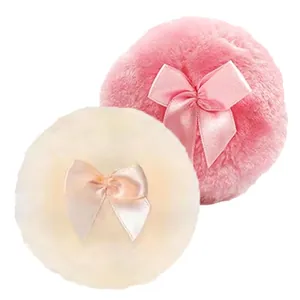 Large Round Baby Powder Puff Soft Long Plush With Satin Bow Handle For Body Loose Powder Talcum Powder