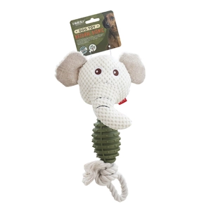 Elephant dog chew toy made of knit fabric, textured rubber, and durable cotton rope