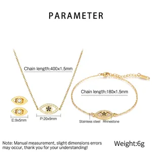 Gold stainless steel evil eye jewelry set with crystals including necklace and bracelet