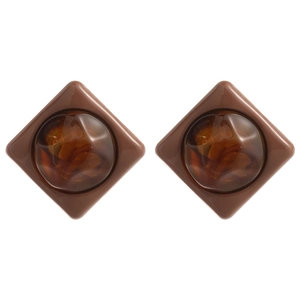 Minimalist square brown resin stud earrings with amber translucent center for women