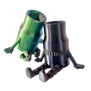 Green rainbow and black 3D printed 10mm socket figures with articulated legs in sitting pose