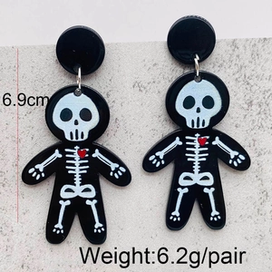Halloween Acryl Totenkopf Ohrringe mit rotem Herz und Metallhaken, 6,9 cm Länge
